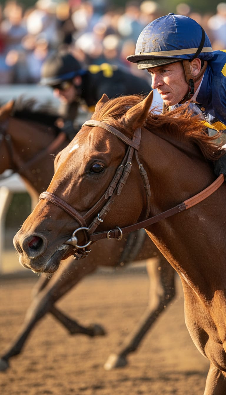 Close-up of a jockey and racehorse during a race