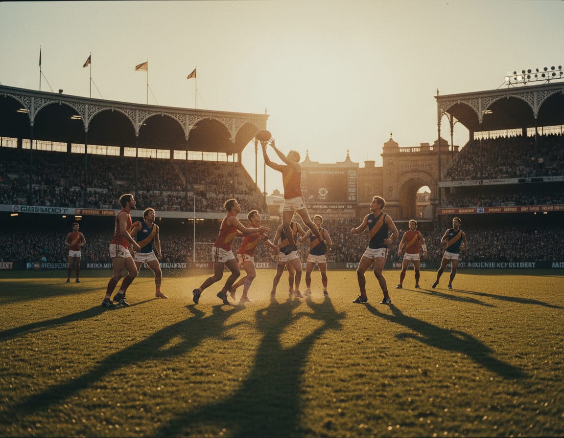 Australian rules football match in a stadium at twilight