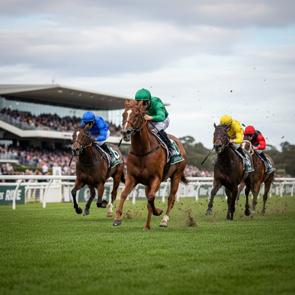 Thoroughbreds racing down the turf